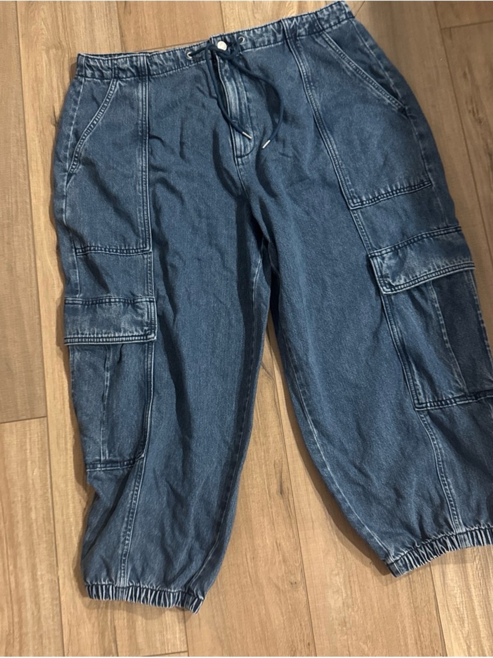Women's Dark Blue Denim Cargo Jeans - Casual Utility Style
